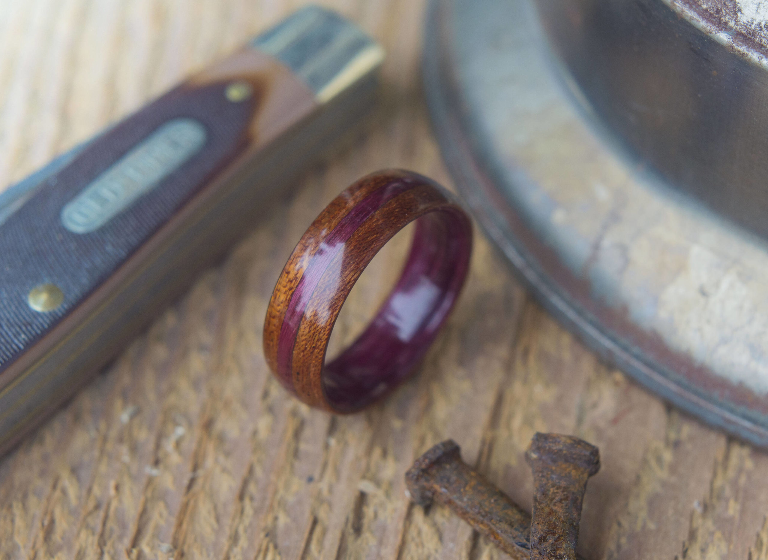 Black Zirconium Men's Ring Inlaid with Purple Heart Wood and Zebra Woo |  Revolution Jewelry