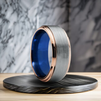 8 mm Brushed Tungsten and Gold/Blue Inlay Ring Model #975